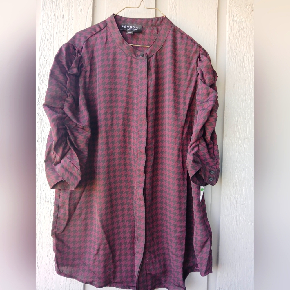 Laundry by Shelli Segal Houndstooth Button Down Blouse Womens, Large New!